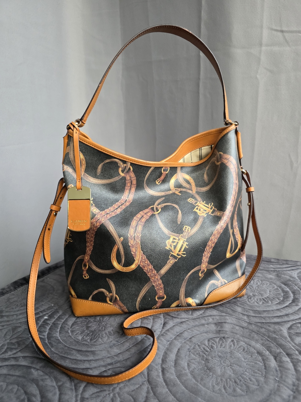 Lauren Ralph Lauren Equestrian Bridle Print Hobo Shoulder Crossbody Bag